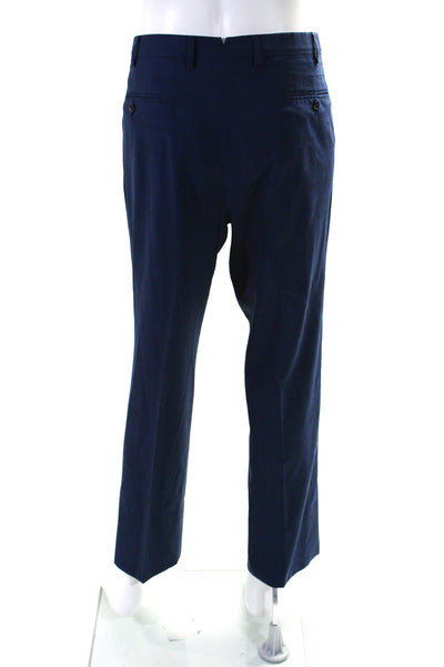 Designer Mens Tapered Slim Leg Check Print Pleated Pants Navy Blue Size 38