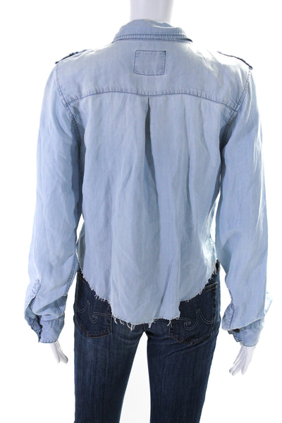 Rails Womens Fringed Hem Buttoned-Up Long Sleeve V-Neck Top Blue Size S