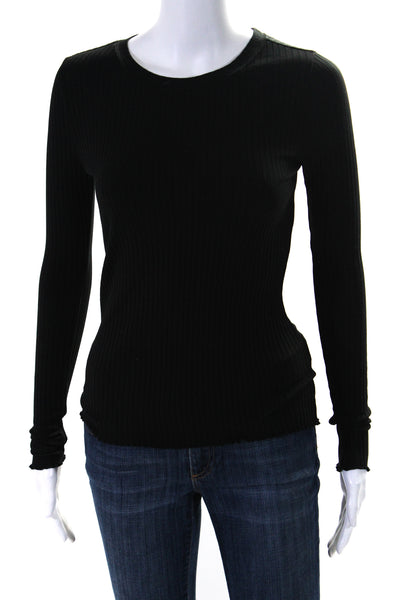 Goldie Womens Cotton Round Neck Ribbed Long Sleeve Textured Top Black Size XS