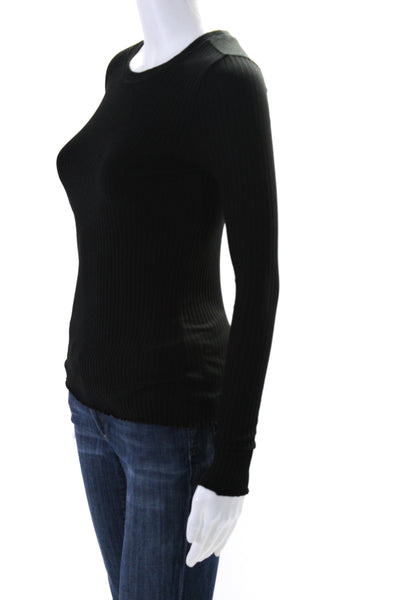 Goldie Womens Cotton Round Neck Ribbed Long Sleeve Textured Top Black Size XS