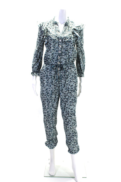 Veronica Beard Womens Abstract Print Button Down Jumpsuit White Blue Size Small