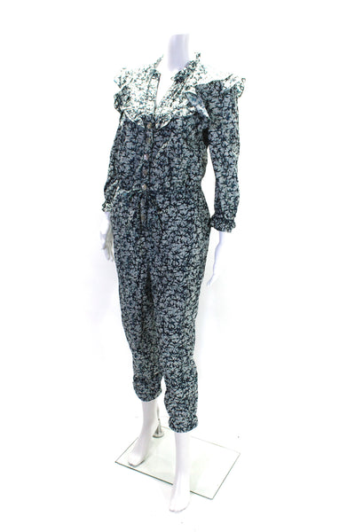 Veronica Beard Womens Abstract Print Button Down Jumpsuit White Blue Size Small