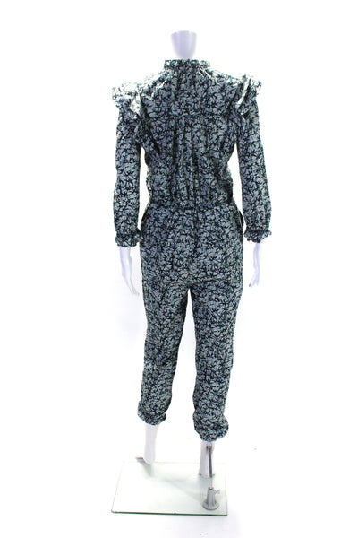 Veronica Beard Womens Abstract Print Button Down Jumpsuit White Blue Size Small