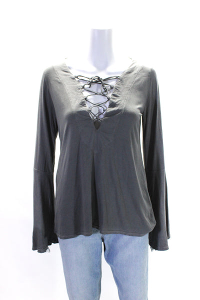 Michael Lauren Womens Lace Up V Neck Long Bell Sleeve Blouse Gray Size S