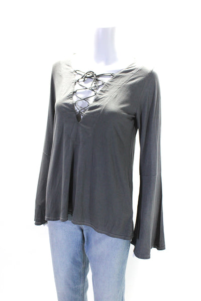 Michael Lauren Womens Lace Up V Neck Long Bell Sleeve Blouse Gray Size S