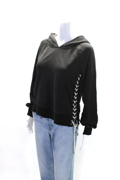 Pam & Gela Womens Lace Up Sides Long Sleeves Hoodie Black Cotton Size Small