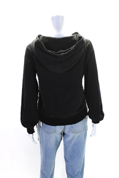 Pam & Gela Womens Lace Up Sides Long Sleeves Hoodie Black Cotton Size Small