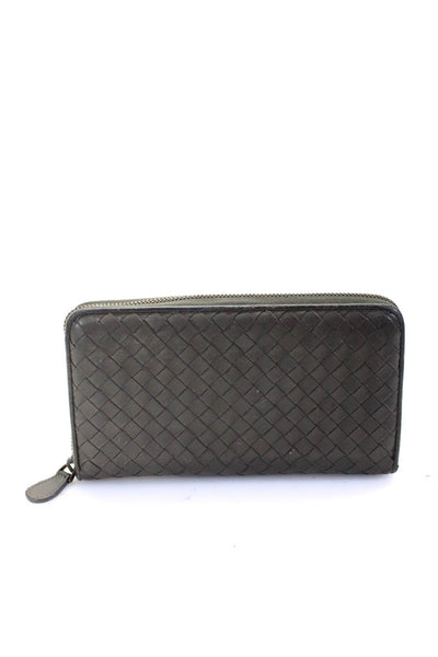 Bottega Veneta Womens Intrecciato Zip Around Silver Tone Clutch Wallet Gray