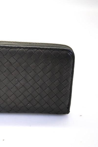 Bottega Veneta Womens Intrecciato Zip Around Silver Tone Clutch Wallet Gray