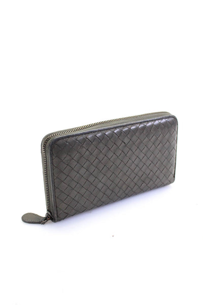 Bottega Veneta Womens Intrecciato Zip Around Silver Tone Clutch Wallet Gray