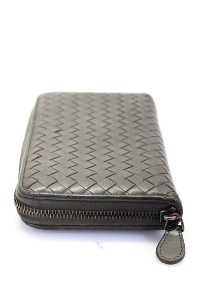 Bottega Veneta Womens Intrecciato Zip Around Silver Tone Clutch Wallet Gray