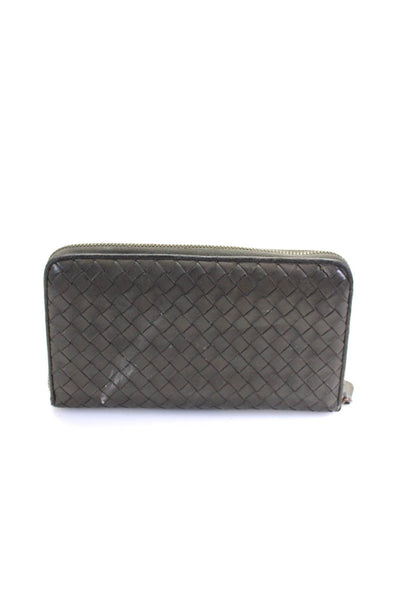 Bottega Veneta Womens Intrecciato Zip Around Silver Tone Clutch Wallet Gray