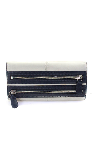 Coach Womens Leather Front Zipper Silver Tone Button Closure Wallet White Navy B