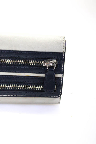 Coach Womens Leather Front Zipper Silver Tone Button Closure Wallet White Navy B