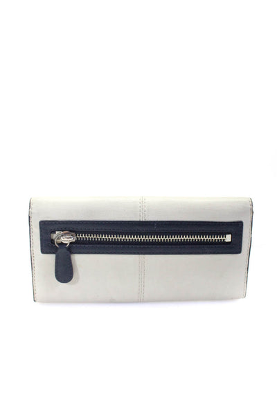 Coach Womens Leather Front Zipper Silver Tone Button Closure Wallet White Navy B