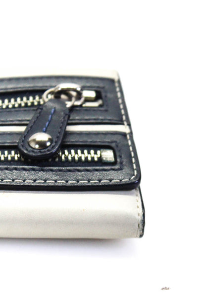 Coach Womens Leather Front Zipper Silver Tone Button Closure Wallet White Navy B