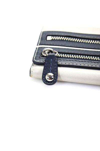 Coach Womens Leather Front Zipper Silver Tone Button Closure Wallet White Navy B