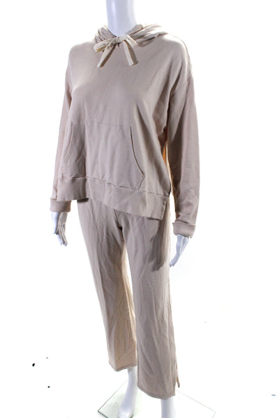 Monrow Women's Hood Long Sleeves Pockets Two Piece Sweatshirt Set Beige Size XS