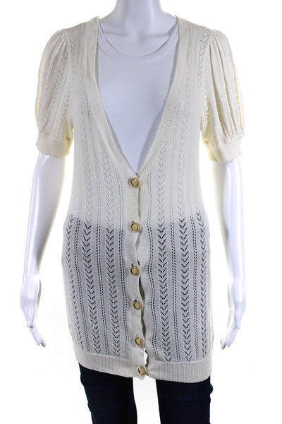 Juicy Couture Womens Cotton open Knit Short Sleeve Cardigan Sweater Beige Size M