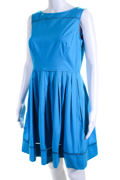 Shoshanna Womens Cotton Pleated Round Neck Sleeveless Flared Dress Blue Size 6