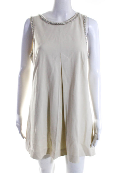 ABS Collection Womens Beaded Trim Paneled Mini Shift Dress Tan White Size 8