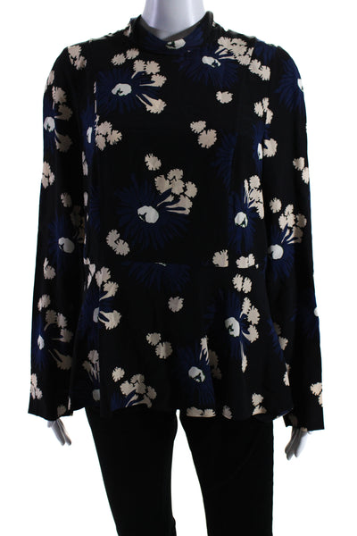 Marni Womens Long Sleeve Floral High Neck Top Blouse Black Navy Size IT 44