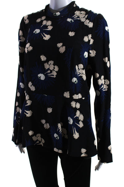 Marni Womens Long Sleeve Floral High Neck Top Blouse Black Navy Size IT 44