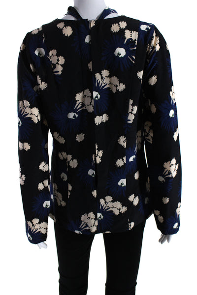 Marni Womens Long Sleeve Floral High Neck Top Blouse Black Navy Size IT 44