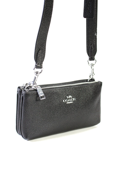 Coach Pebbled Leather Adjustable Strap Double Zipper Crossbody Handbag Black