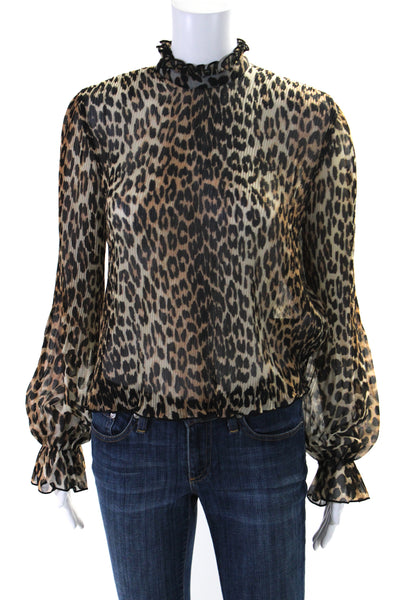 Ganni Womens Animal Print Ruched Flounce Sleeve Blouse Top Brown Size EUR34