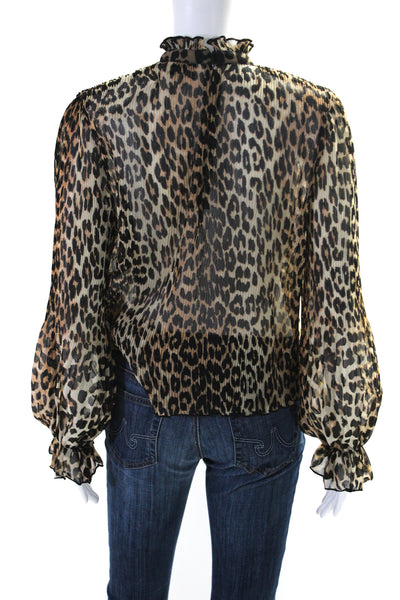 Ganni Womens Animal Print Ruched Flounce Sleeve Blouse Top Brown Size EUR34