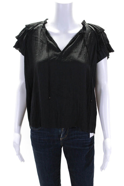 Ulla Johnson Womens Pleated Short Sleeves Key Hole Neck Blouse Black Size 0