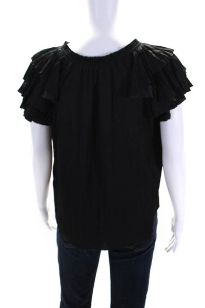 Ulla Johnson Womens Pleated Short Sleeves Key Hole Neck Blouse Black Size 0