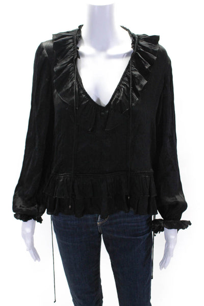 Ulla Johnson Womens Silk Ruffled V Neck Long Sleeves Blouse Black Size 2