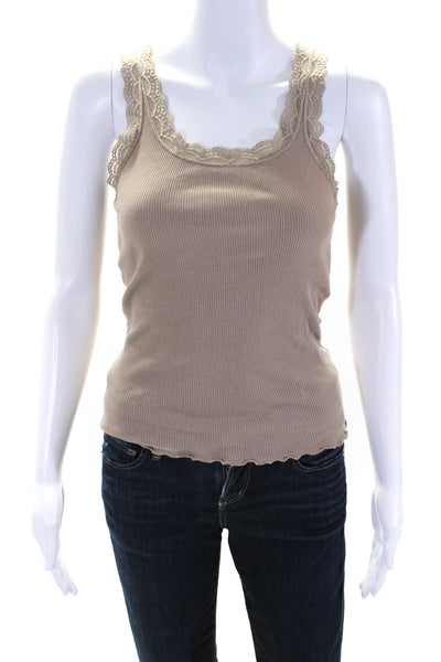 Isabella Rodriguez Womens Taupe Brown Ribbed Cotton Lace Trim Tank Top Size S