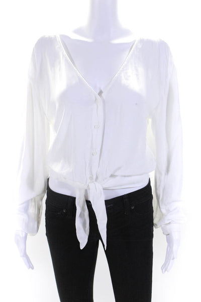 Bella Dahl Women's V-Neck Long Sleeves Button Up Tie Waist Blouse White Size S