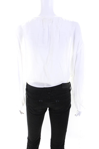 Bella Dahl Women's V-Neck Long Sleeves Button Up Tie Waist Blouse White Size S