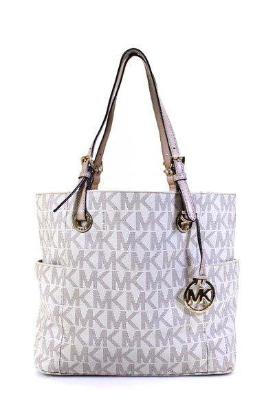 Michael Kors Coated Canvas Monogram Print Top Zip Tote Shoulder Handbag White