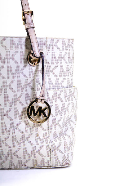 Michael Kors Coated Canvas Monogram Print Top Zip Tote Shoulder Handbag White