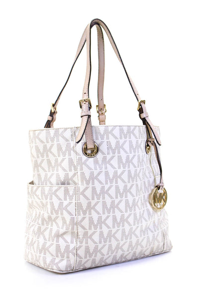 Michael Kors Coated Canvas Monogram Print Top Zip Tote Shoulder Handbag White