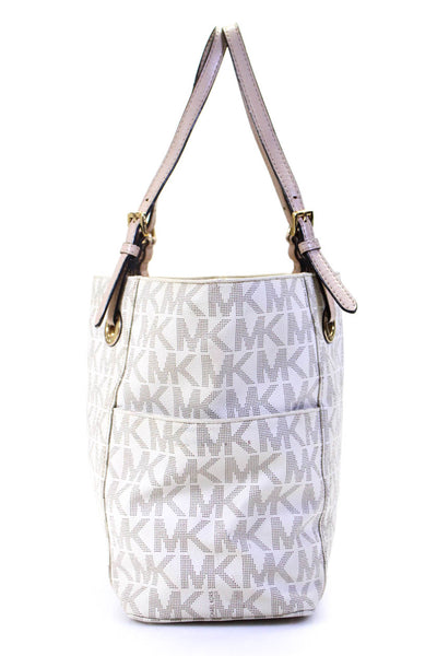 Michael Kors Coated Canvas Monogram Print Top Zip Tote Shoulder Handbag White