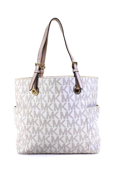 Michael Kors Coated Canvas Monogram Print Top Zip Tote Shoulder Handbag White