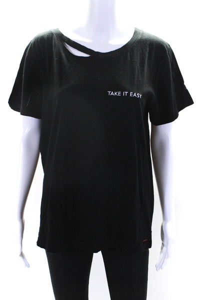 Philanthropy Womens Take It Easy Distressed Short Sleeve Tee Shirt Black Large