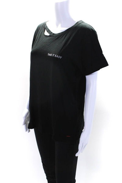 Philanthropy Womens Take It Easy Distressed Short Sleeve Tee Shirt Black Large