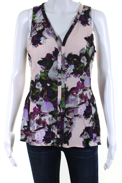 Nanette Lepore Womens Floral Print V-Neck Zip Up Tank Top Blouse Purple Size 4