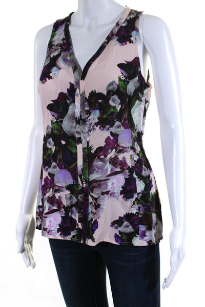 Nanette Lepore Womens Floral Print V-Neck Zip Up Tank Top Blouse Purple Size 4