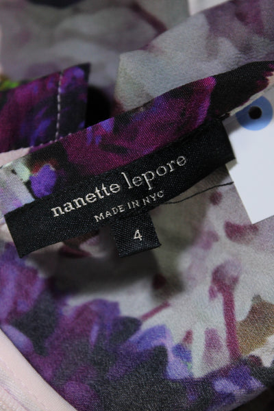 Nanette Lepore Womens Floral Print V-Neck Zip Up Tank Top Blouse Purple Size 4