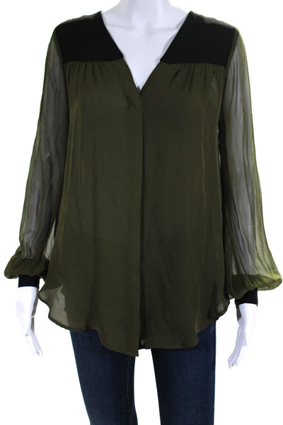 Haute Hippie Womens Silk Two-Toned V-Neck Button Up Blouse Top Green Size S