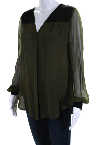 Haute Hippie Womens Silk Two-Toned V-Neck Button Up Blouse Top Green Size S