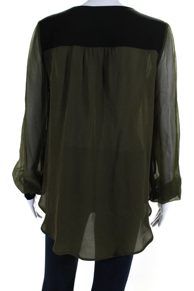 Haute Hippie Womens Silk Two-Toned V-Neck Button Up Blouse Top Green Size S